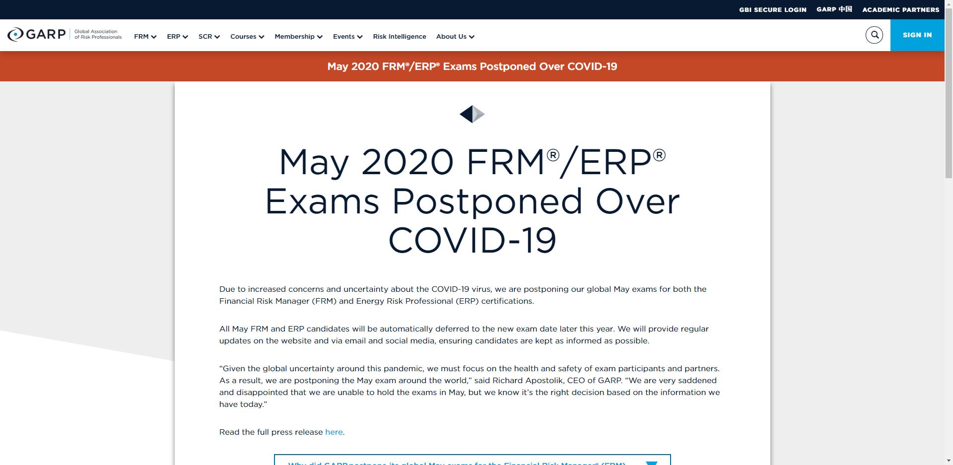 紧急通知！GARP官宣推迟2020年5月FRM考试！