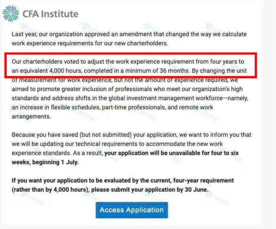 CFA持证要求降低！3年（4000小时）工作经验就可以申请证书！