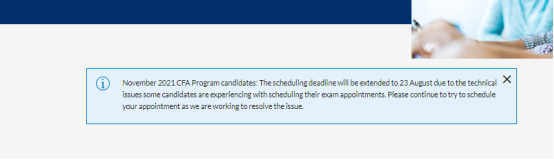 2021年11月CFA考试预约考点截止时间延长7天，截止到8月23日！